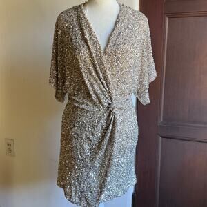 ZARA | Silver Sequin Kimono Sleeve Faux Wrap Party Cocktail Dress | Small